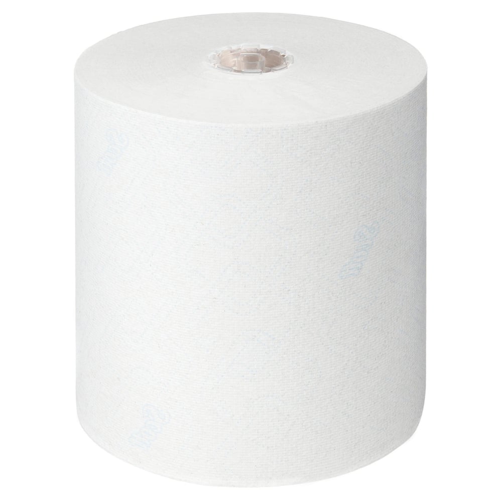 Eine große weiße Rolle Scott® Control™ Handtücher - Rolle / Weiß von Kimberly-Clark GmbH steht aufrecht auf weißem Hintergrund, mit sichtbarem Kartonkern - ideal für hygienische Handtücher und effektives Händetrocknen.