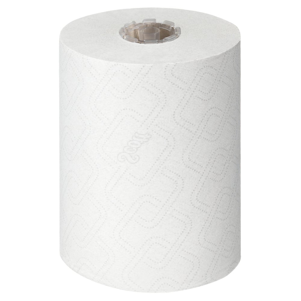 Ein einzelnes weißes Scott® Essential™ Slimroll™ Handtuch (190,00 m x 19,80 cm) der Kimberly-Clark GmbH, mit dezenter Prägung und sichtbarem Kern, steht aufrecht auf einem schlichten weißen Hintergrund - ideal für umweltfreundliche Händetrocknung.