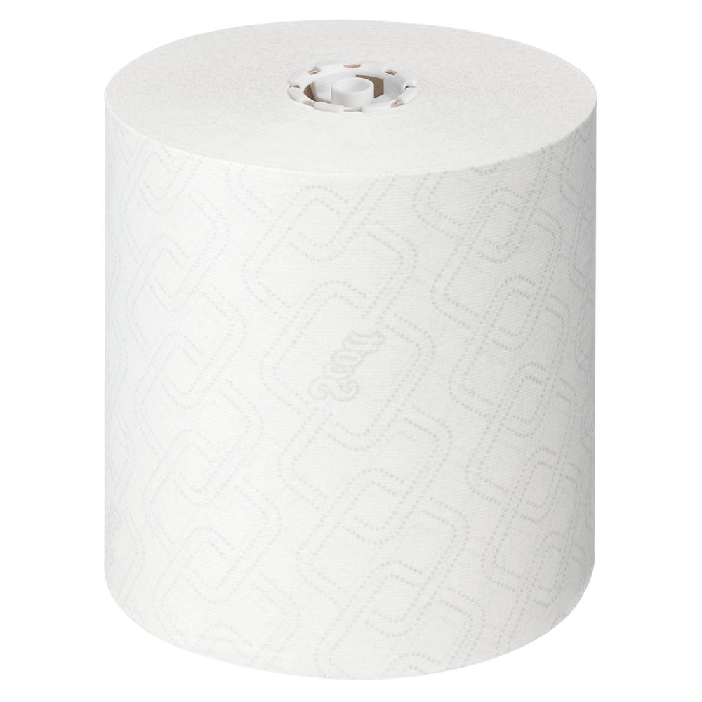 Eine große Scott® Essential™ Handtücher Rolle in Weiß von Kimberly-Clark GmbH, abgebildet von oben auf weißem Hintergrund - perfekt für hygienische Handreinigung; 6 Rollen x 1 Blatt im Karton.