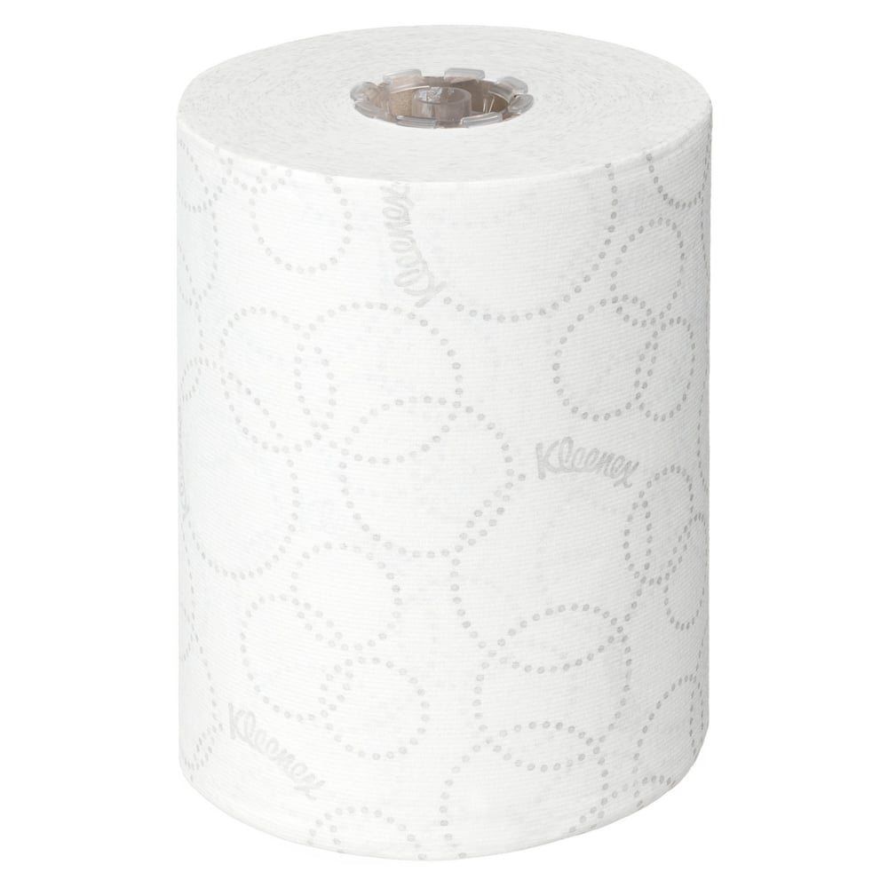 Eine einzelne weiße Kleenex® Ultra™ Slimroll™ Handtuchrolle von Kimberly-Clark GmbH steht aufrecht und ist mit einem gepunkteten Muster versehen - ideal für schmale Spendersysteme. Packung: 6 Rollen pro Karton.