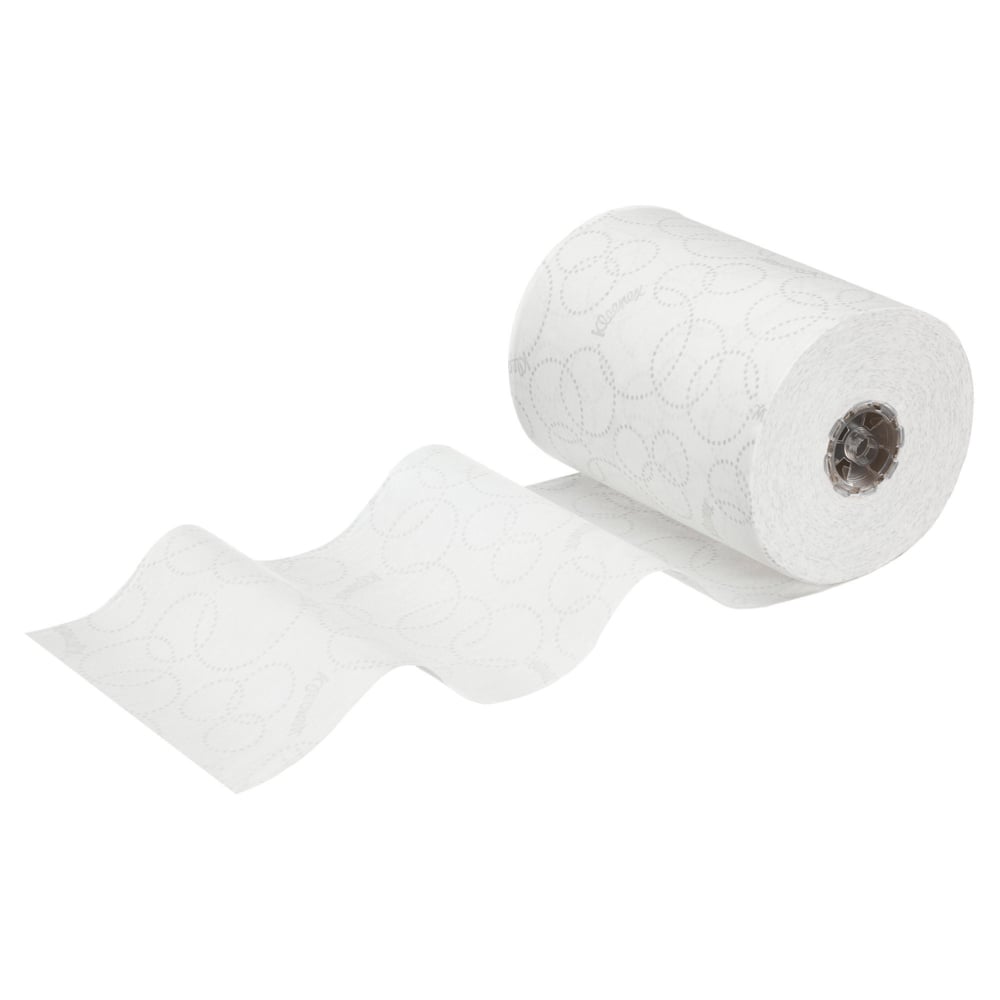 Eine weiße Rolle Kleenex® Ultra™ Slimroll™ Handtücher von Kimberly-Clark GmbH, teilweise abgerollt mit geprägten Wirbeln, ideal für schmale Spendersysteme oder zur Verwendung neben anderen Ultra™ Slimroll™ Produkten. Packung: 6 Rollen pro Karton.