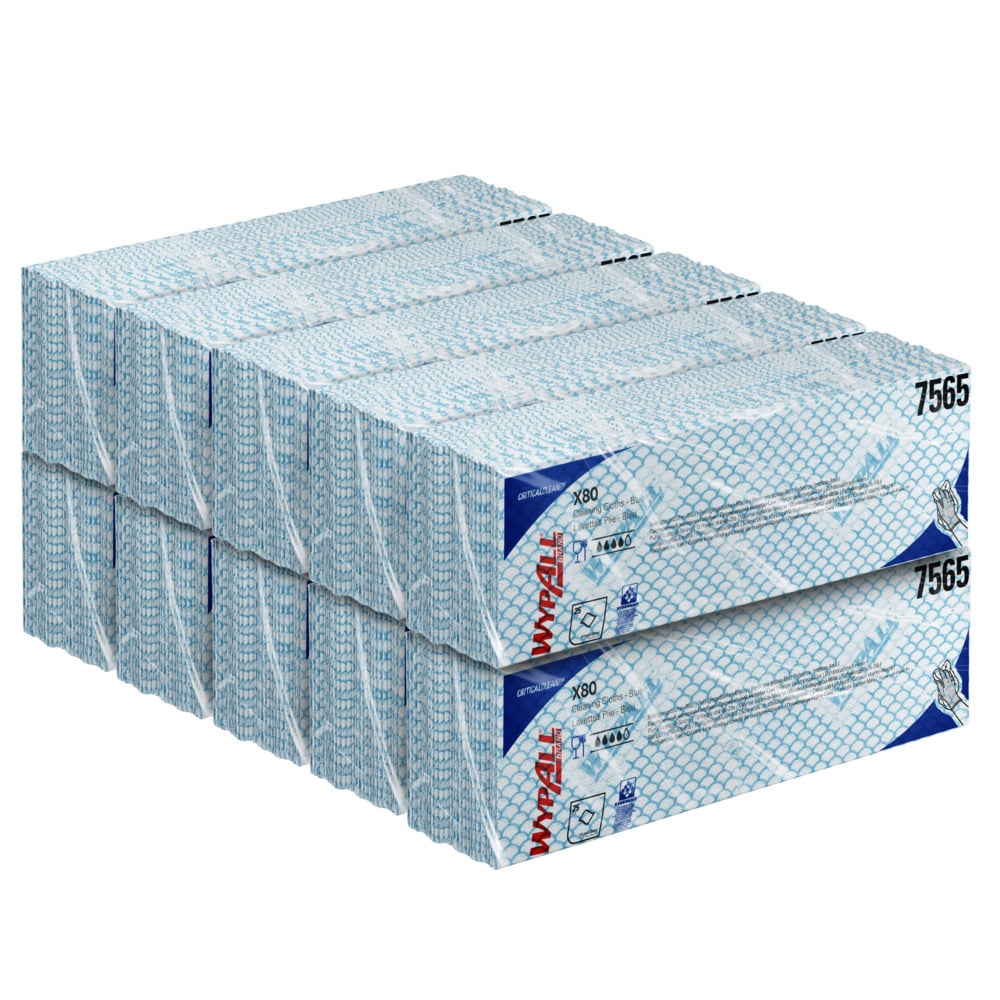 Ein Stapel blauer und weißer WypAll® X80 Critical Clean - Interfold Boxen (41,00 x 33,00 cm) der Kimberly-Clark GmbH, angeordnet in zwei Reihen für die industrielle Reinigung, mit der Produktnummer 7565 auf der Seite sichtbar.