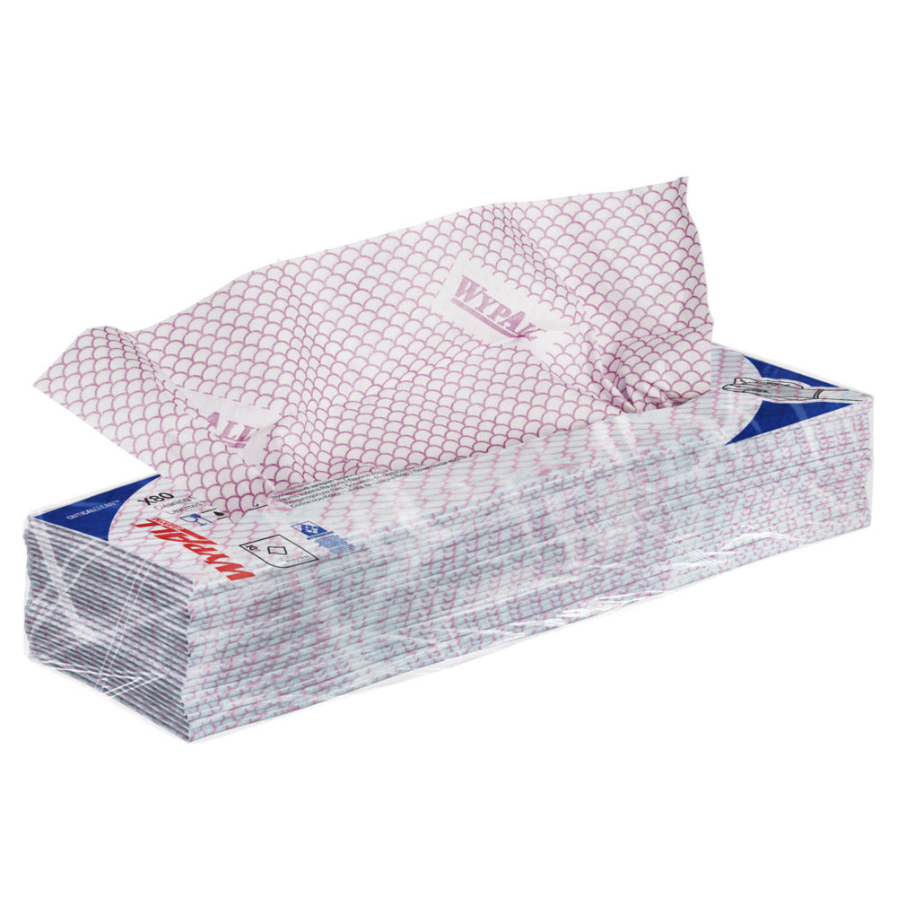 Eine rechteckige Schachtel mit Kimberly-Clark GmbH WypAll® X80 Critical Clean Einweghandtüchern (41 x 33 cm) mit geometrischem Muster und "WYPALL"-Aufdruck, ideal für die industrielle Reinigung in kritischen Umgebungen.