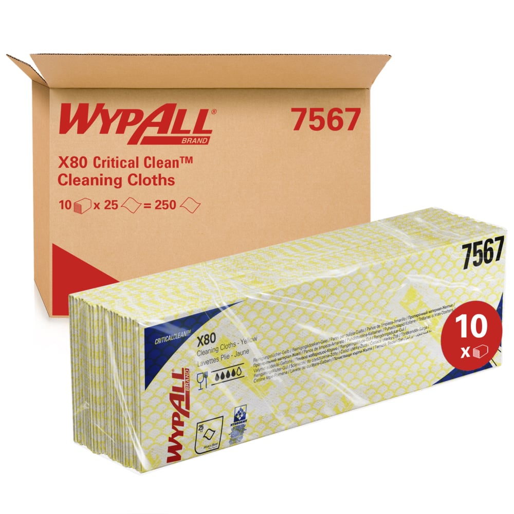 Hinter gelben und weißen Reinigungstüchern für kritische Umgebungen steht eine Schachtel WypAll® X80 Critical Clean - Interfold von Kimberly-Clark GmbH, gekennzeichnet mit 10 Packungen à 25 Stück (250 insgesamt) für die industrielle Reinigung, jeweils 41 x 33 cm.