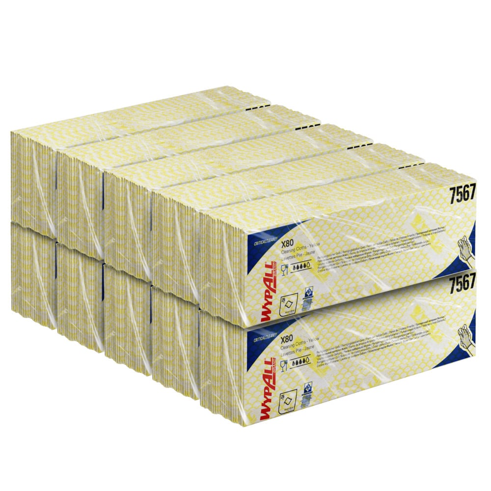 Ein großer Stapel WypAll® X80 Critical Clean - Interfold Reinigungstücher (41,00 x 33,00 cm) der Kimberly-Clark GmbH, Artikel 7567, in gelben, weißen und blauen Schachteln - ideale Reinigungstücher für kritische Umgebungen.