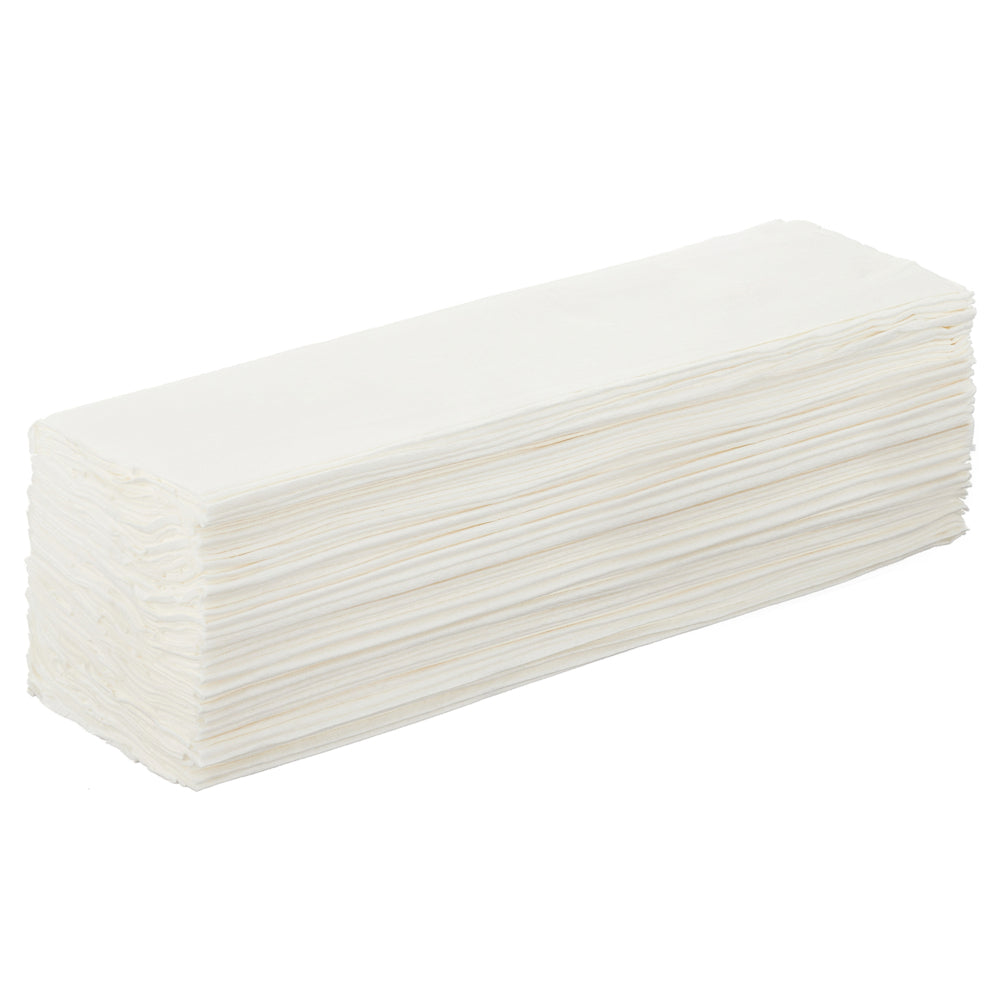 Ein rechteckiger Stapel von WypAll® L40 PowerClean Reinigungstüchern von Kimberly-Clark GmbH (Zupfbox, Weiß, 9 Boxen x 90 Tücher | Karton) ist ordentlich auf einem weißen Hintergrund angeordnet.