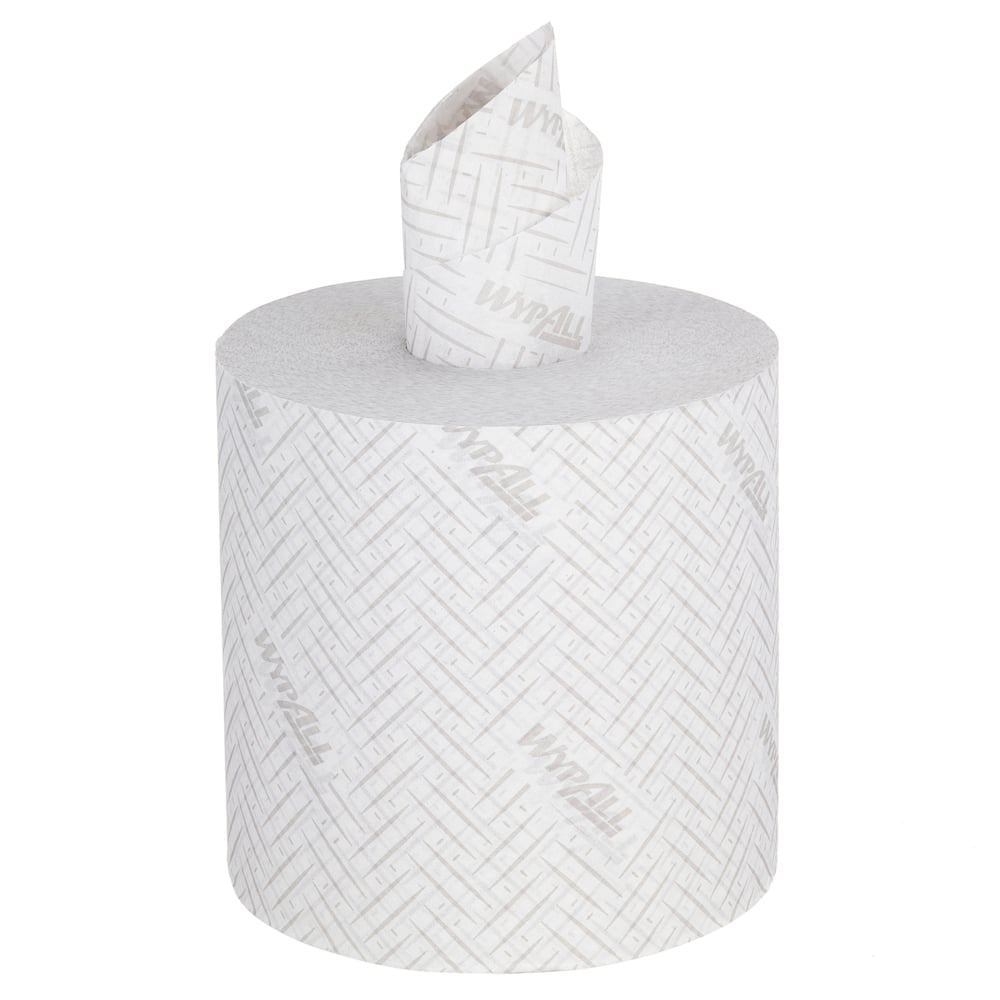 Eine große Rolle WypAll® L20 Papierwischtuch von Kimberly-Clark GmbH (38,00 x 18,30 cm), mit strukturierter Oberfläche und Zentralentnahme, ideal für industrielle Reinigungsaufgaben.