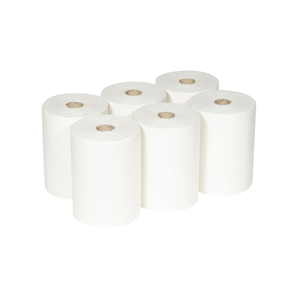 Sechs Scott® Slimroll™ Handtücher von Kimberly-Clark GmbH liegen in zwei Reihen auf weißem Hintergrund; die zylindrischen und saugfähigen Papierhandtücher zeigen einen braunen Kartonkern in der Mitte.