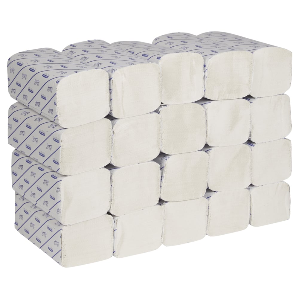 Zwanzig einzeln verpackte Packungen Scott® EXCELLENT Interfold Handtücher von Kimberly-Clark GmbH mit je 190 weißen Blättern, übersichtlich angeordnet zum hygienischen Händetrocknen. Enthält 20 Kleinpackungen pro Karton in blau-weißer Verpackung.