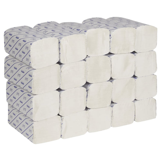 Zwanzig einzeln verpackte Packungen Scott® EXCELLENT Interfold Handtücher von Kimberly-Clark GmbH mit je 190 weißen Blättern, übersichtlich angeordnet zum hygienischen Händetrocknen. Enthält 20 Kleinpackungen pro Karton in blau-weißer Verpackung.
