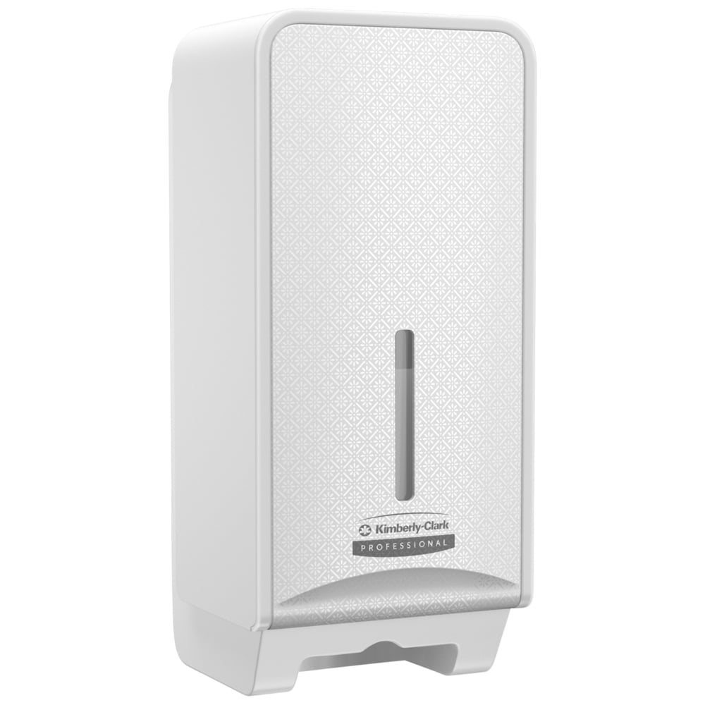 Der Kimberly-Clark Professional™ Icon™ Toilettenpapierspender - gefaltet (32 x 14,5 x 13,8 cm) von Kimberly-Clark GmbH hat ein weißes Wanddesign mit gemusterter Front und vertikalem Fenster, ideal für jeden Waschraum und gefaltetes Toilettenpapier.