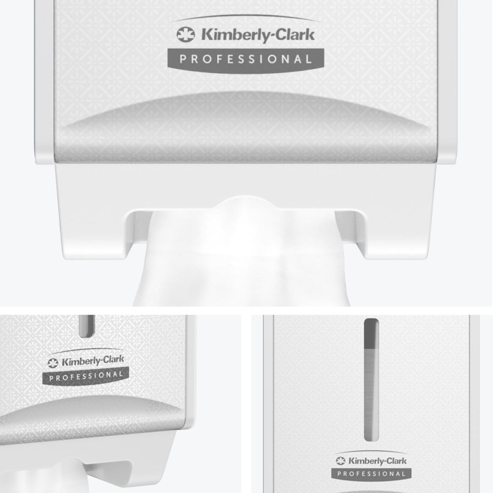 Eine Nahaufnahme zeigt den Kimberly-Clark Professional™ Icon™ Toilet Tissue Spender (gefaltet, 32x14,5x13,8 cm) der Kimberly-Clark GmbH in einer Toilette, mit sichtbarem Branding und ausgegebenem Papier. Zwei Detailaufnahmen sind unten zu sehen.