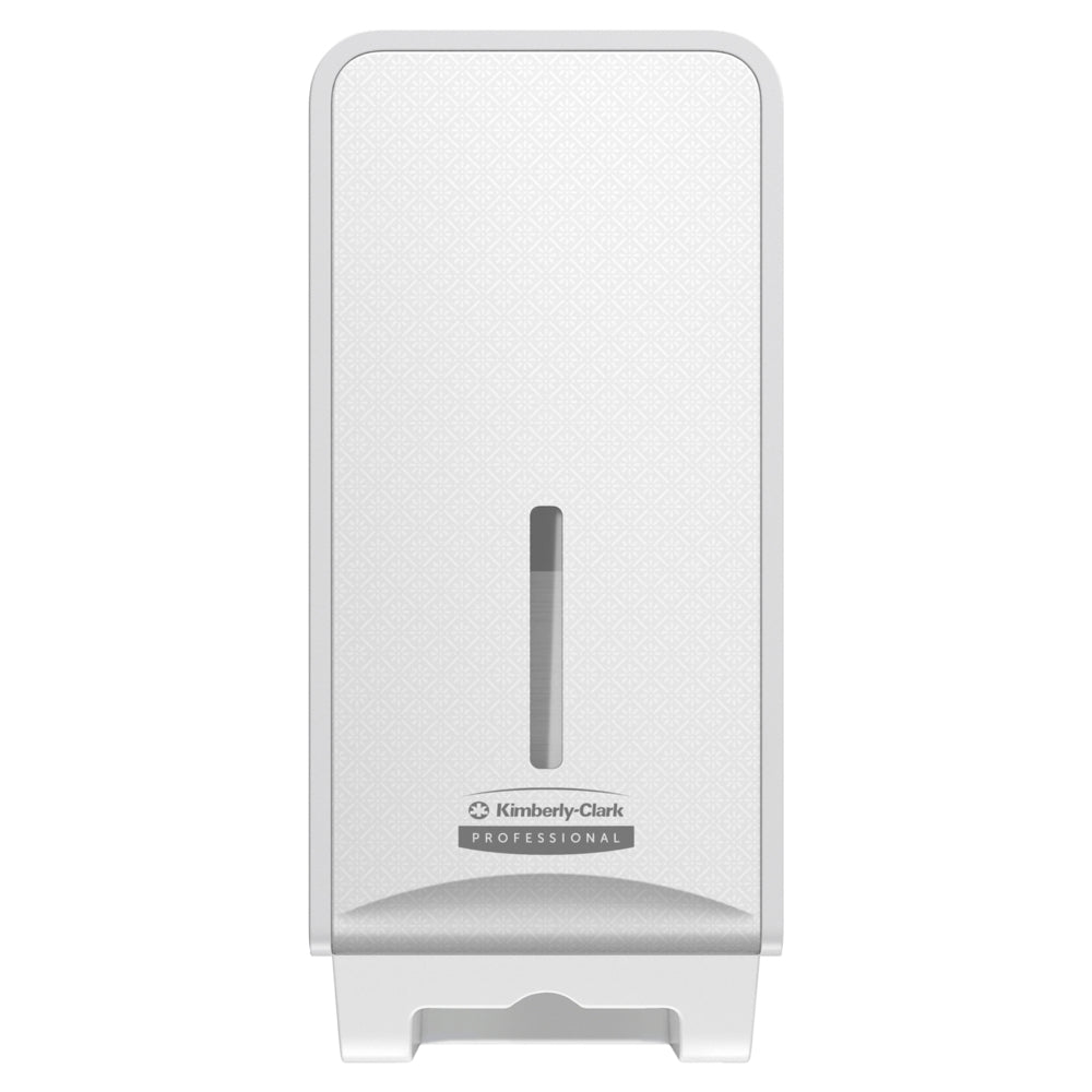 Der Kimberly-Clark Professional™ Icon™ Toilettenpapierspender, gefaltet (32x14,5x13,8 cm) von Kimberly-Clark GmbH, ist ein weißer, wandmontierter Waschraumspender mit einem vertikalen Fenster zur Inhaltskontrolle.