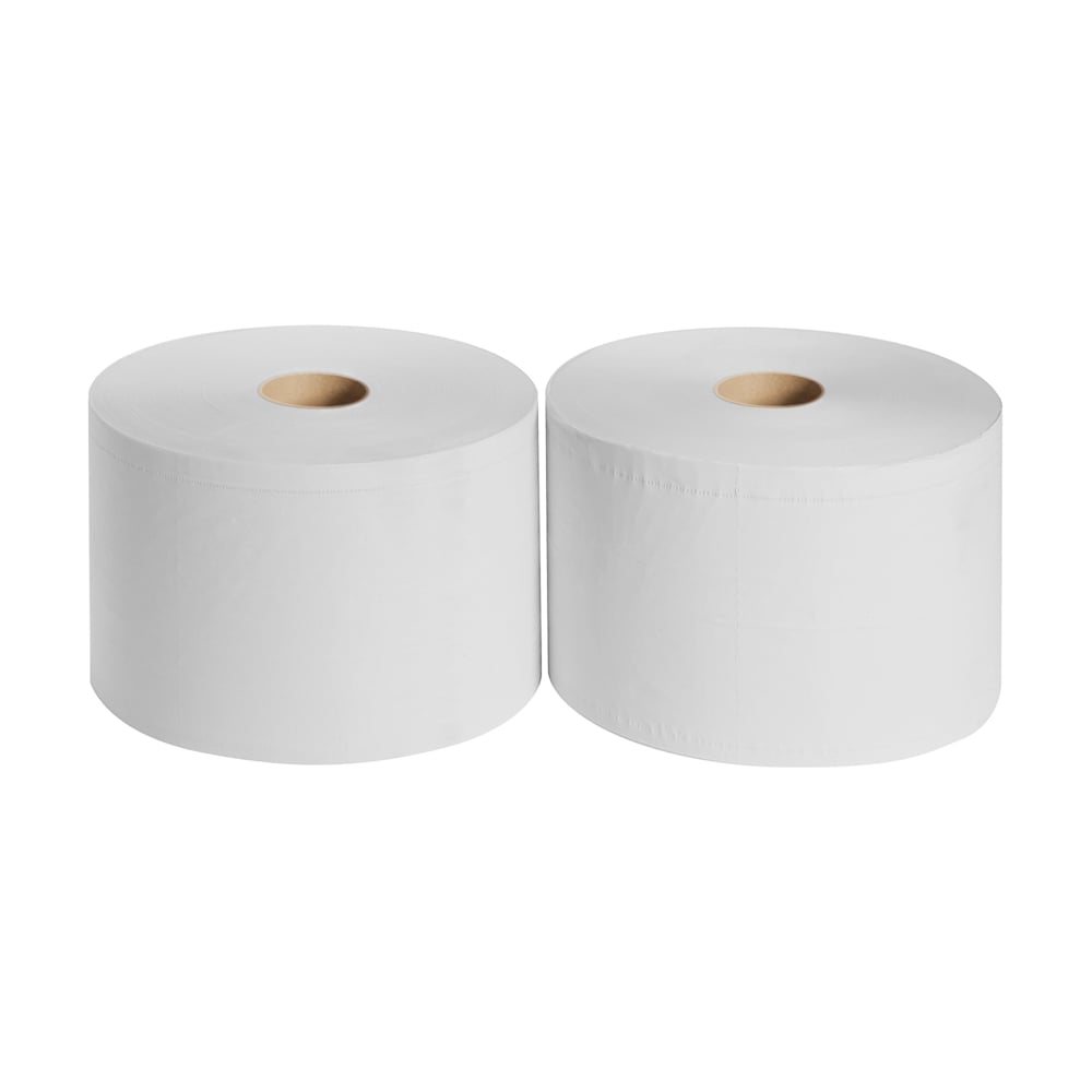 Zwei WypAll® L20 General Clean Großrollen (2 x 1085 Blatt, weiß) der Kimberly-Clark GmbH sind nebeneinander vor einem einfarbig weißen Hintergrund platziert.