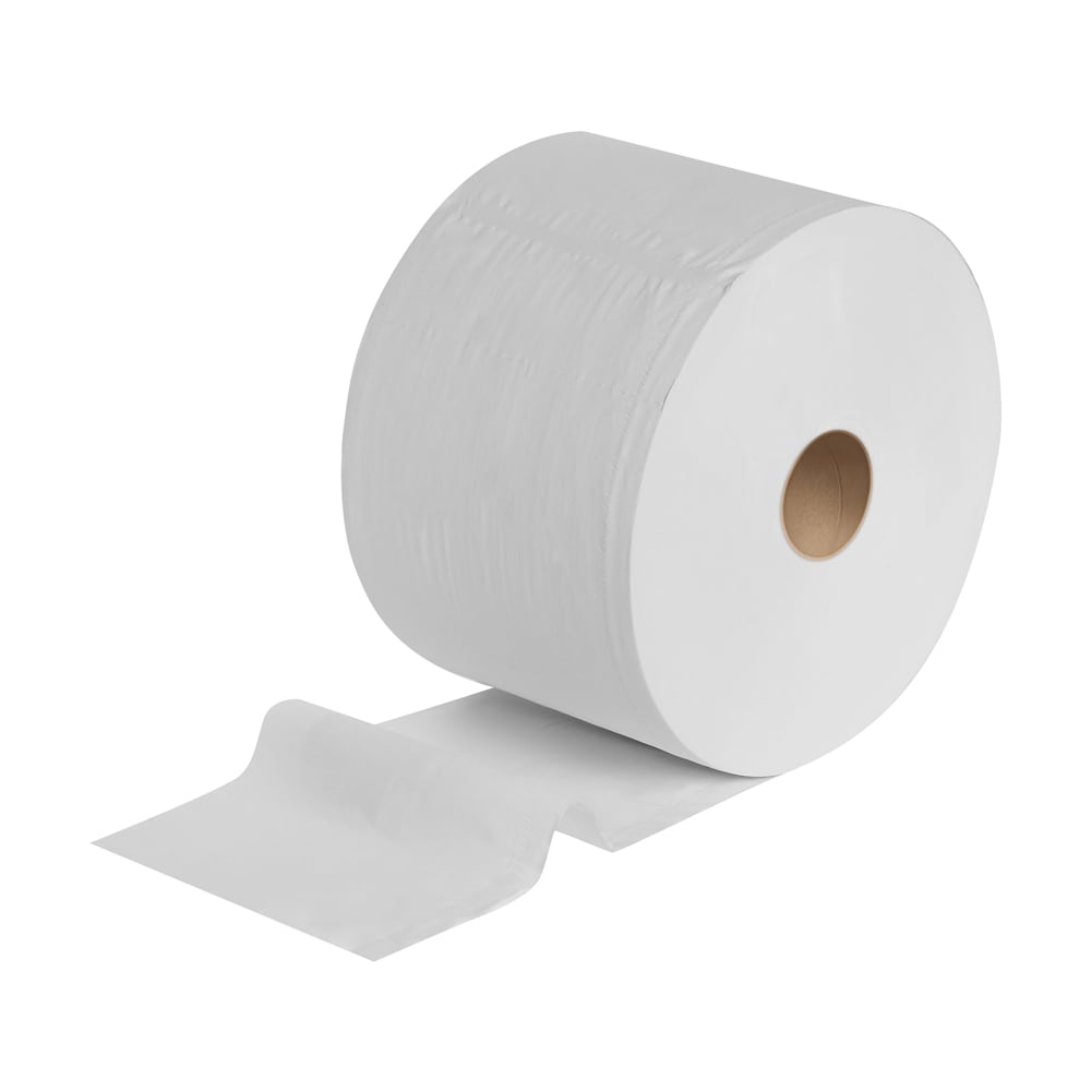 Eine große Rolle WypAll® L20 General Clean von Kimberly-Clark GmbH, 2 Rollen zu je 1085 Blatt, teilweise abgerollt und auf einem einfarbig weißen Hintergrund dargestellt.