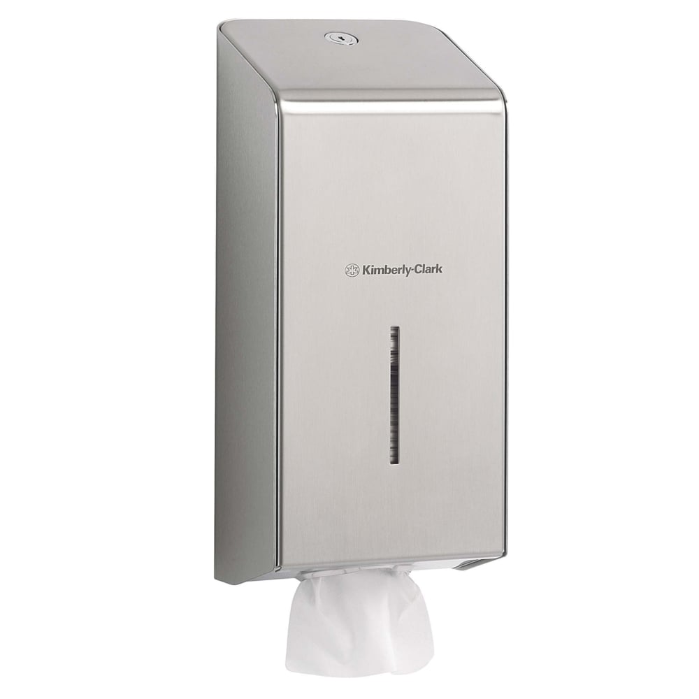 Der Kimberly-Clark Professional™ Toilet Tissue Spender aus Edelstahl von Kimberly-Clark GmbH ist ideal für gewerbliche Waschräume und verfügt über ein Sichtfenster sowie eine Papierentnahmeöffnung unten.