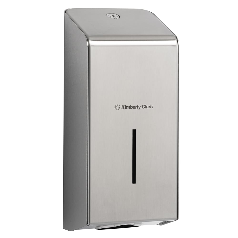 Der Kimberly-Clark Professional™ Edelstahl Toilettenpapierspender der Kimberly-Clark GmbH ist ideal für gewerbliche Waschräume und verfügt über einen rechteckigen Sichtschlitz an der Vorderseite und einen Verschluss an der Oberseite.