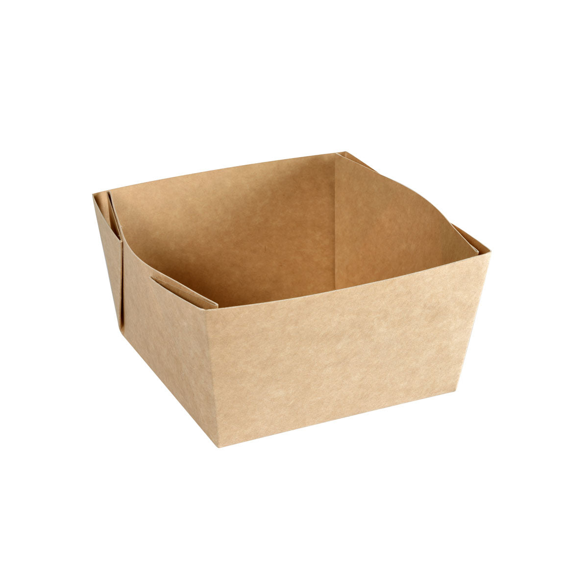 Die stabile, quadratische Viking Block Box Braun Karton/PE 140x140x75 der Duni GmbH (300er Pack), leicht schräg auf weißem Grund abgebildet - ideal für die sichere und geordnete Aufbewahrung.