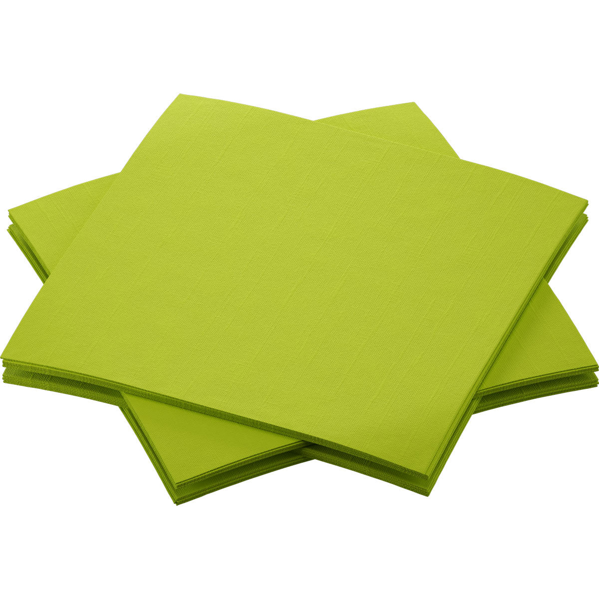 Ein Stapel Duni GmbH Bio-Dunisoft-Servietten 20 x 20 cm in leuchtendem Grün ist in einem leicht überlappenden Muster auf weißem Hintergrund angeordnet.