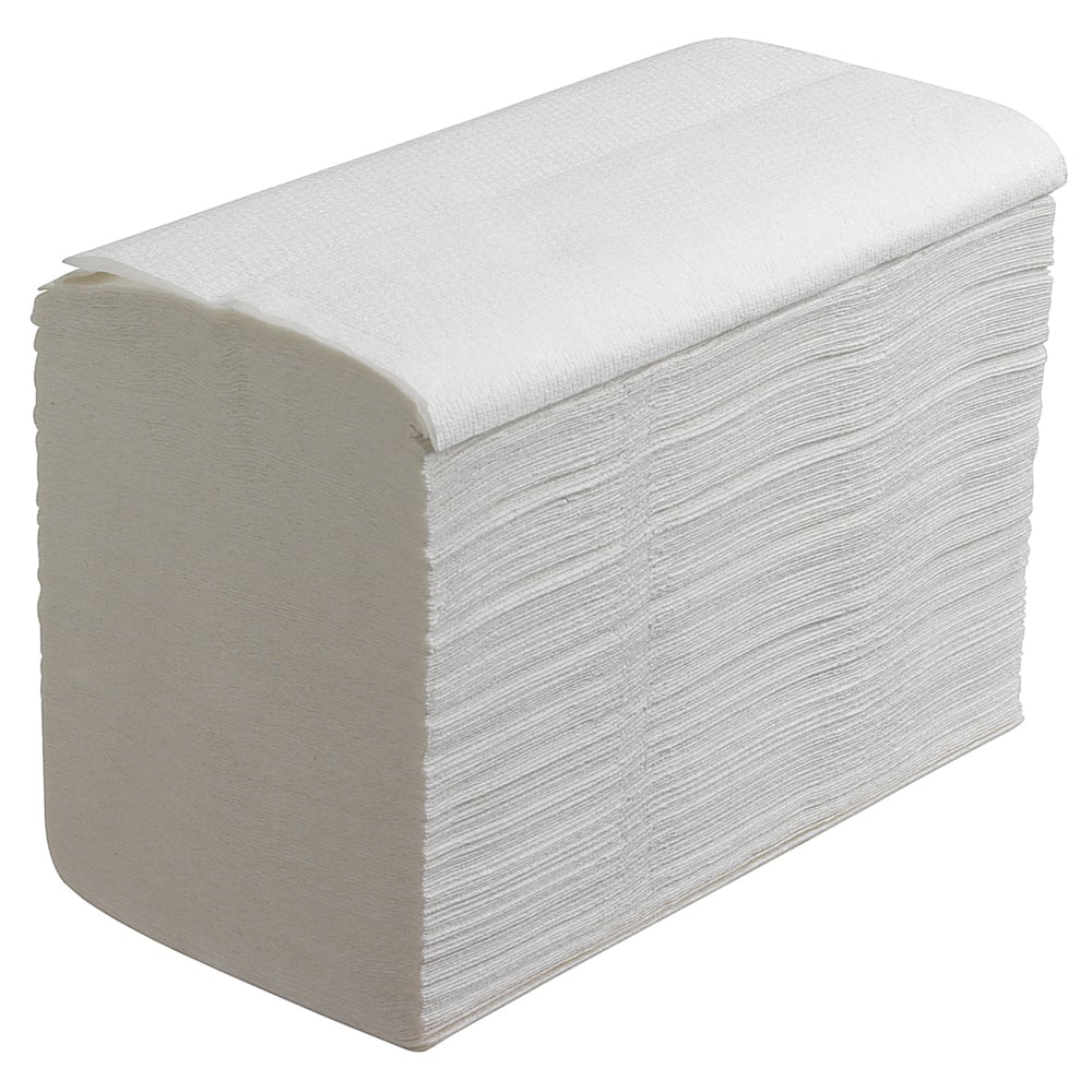 Ein großer Stapel Scott® Control™ Handtücher (weiß, groß, 15 Clips x 240 Blatt) von Kimberly-Clark GmbH ist rechteckig angeordnet und zeigt die hervorragende Saugkraft dieser gefalteten Handtücher.