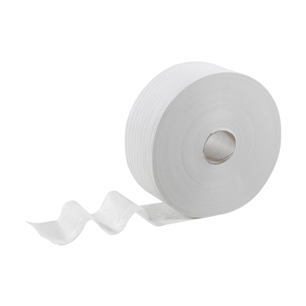 Eine große weiße Großrolle Kleenex® Toilettenpapier von Kimberly-Clark GmbH (12 Rollen x 474 Blatt), teilweise entrollt, wird vor einem schlichten weißen Hintergrund gezeigt.