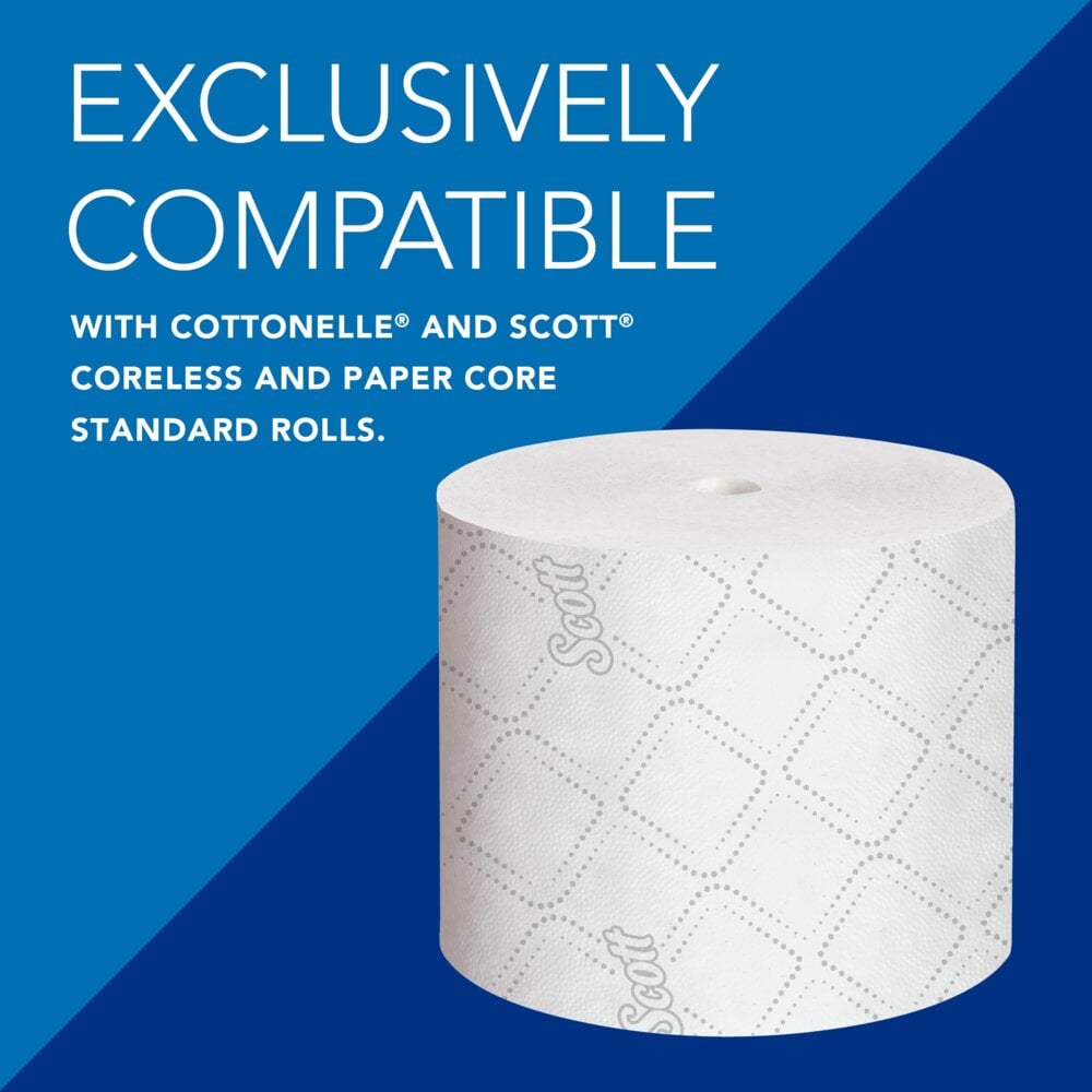 Ein Kimberly-Clark Professional™ Spender für kernloses Toilettenpapier (weiß) der Kimberly-Clark GmbH ist vor einem blauen Hintergrund abgebildet, der seine exklusive Kompatibilität mit kernlosem Toilettenpapier hervorhebt - eine innovative, nachhaltige Lösung.