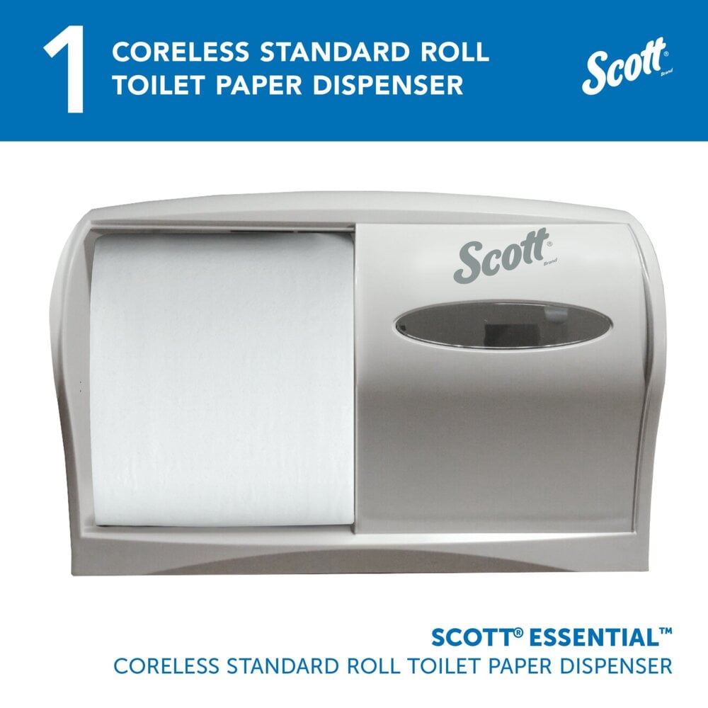 Der Kimberly-Clark Professional™ Toilet Tissue Spender - Coreless in Weiß von Kimberly-Clark GmbH ist ein wandmontierter, nachhaltiger Spender mit Sichtfenster und Branding - ideal für moderne Waschräume.