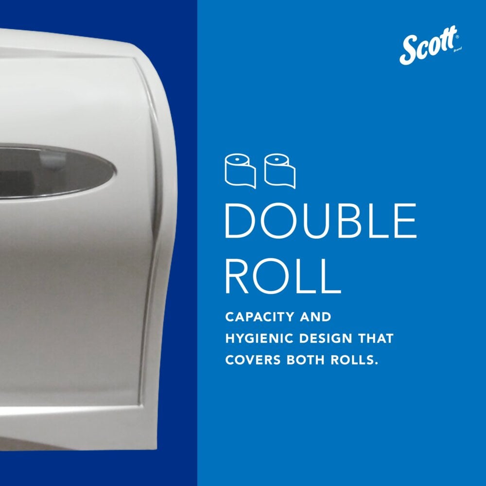 Links ist ein weißer Kimberly-Clark Professional™ Toilettenpapierspender - kernlos abgebildet. Der blaue Text lautet: "DOPPELROLLEN. Kapazität und hygienisches Design, das beide Rollen abdeckt." Logo der Kimberly-Clark GmbH oben rechts - eine nachhaltige Wahl für stark frequentierte Toiletten.