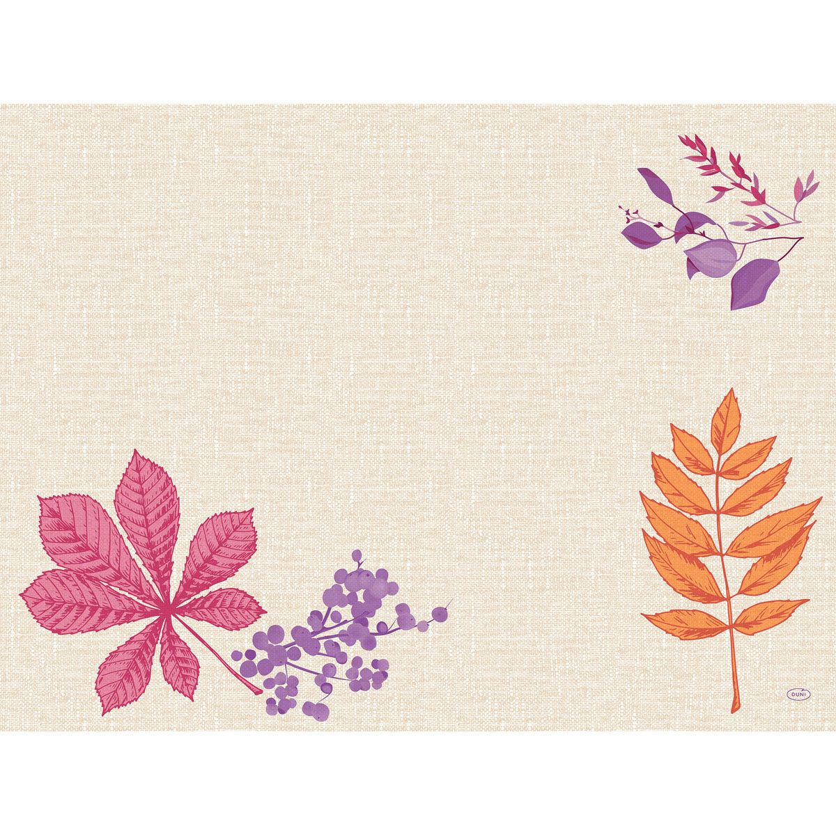 Ein beigefarbener, strukturierter Hintergrund mit drei stilisierten Pflanzen - rosa Blatt mit violetten Beeren (unten links), orangefarbenes Blatt (unten rechts) und violette Blätter (oben rechts) - ziert die Dunicel-Sets 30x40 Einweg-Tischsets der Duni GmbH.