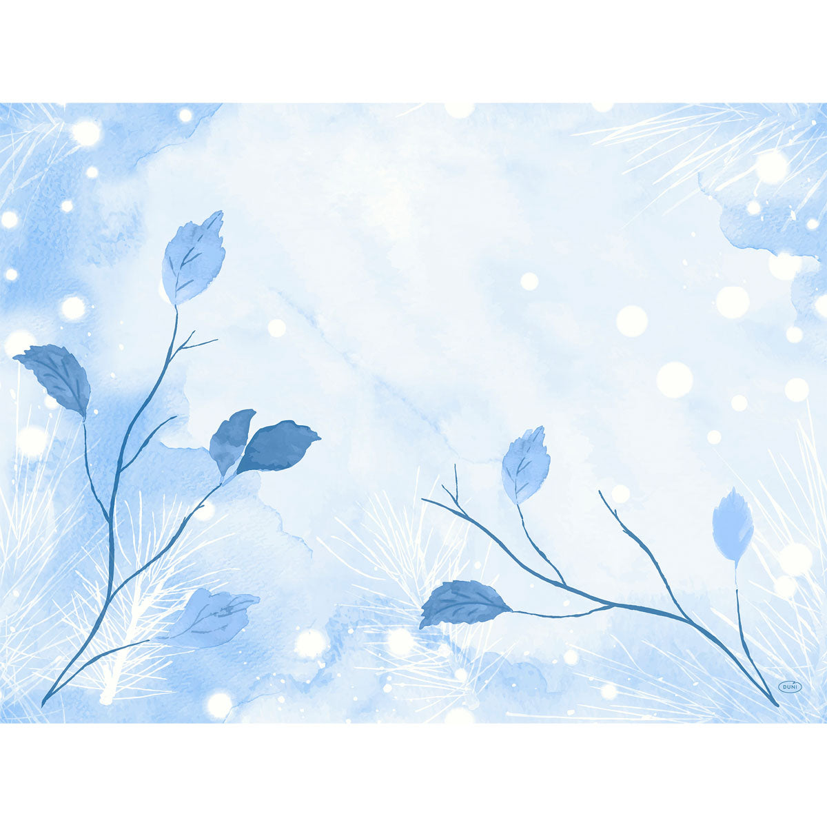 Ein hellblauer Aquarell-Hintergrund mit blättrigen Zweigen und weißen Tupfen, mit weichen Texturen und abstrakten Mustern - ideal für stilvolle Dunicel-Sets 30x40 von Duni GmbH.