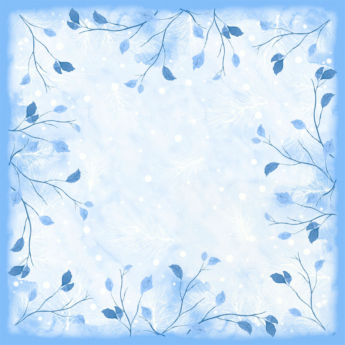 Die Dunicel-Mitteldecke 84x84cm Frosted Winter von Duni GmbH kommt in sanften Blautönen mit zarten Zweigen, blauen Blättern und verstreuten weißen Federn und Punkten für einen heiteren Winterlook. Packung: 20 Stück.