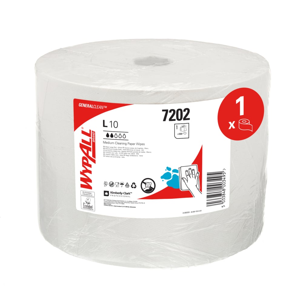 Eine große weiße Großrolle WypAll® L10 Papierwischtuch für Oberflächen (38,00 cm x 23,50 cm) der Kimberly-Clark GmbH, in einer Kunststoffverpackung mit einem rot-weißen Etikett mit der Produktnummer 7202 und der Abbildung eines Handwischtuchs.