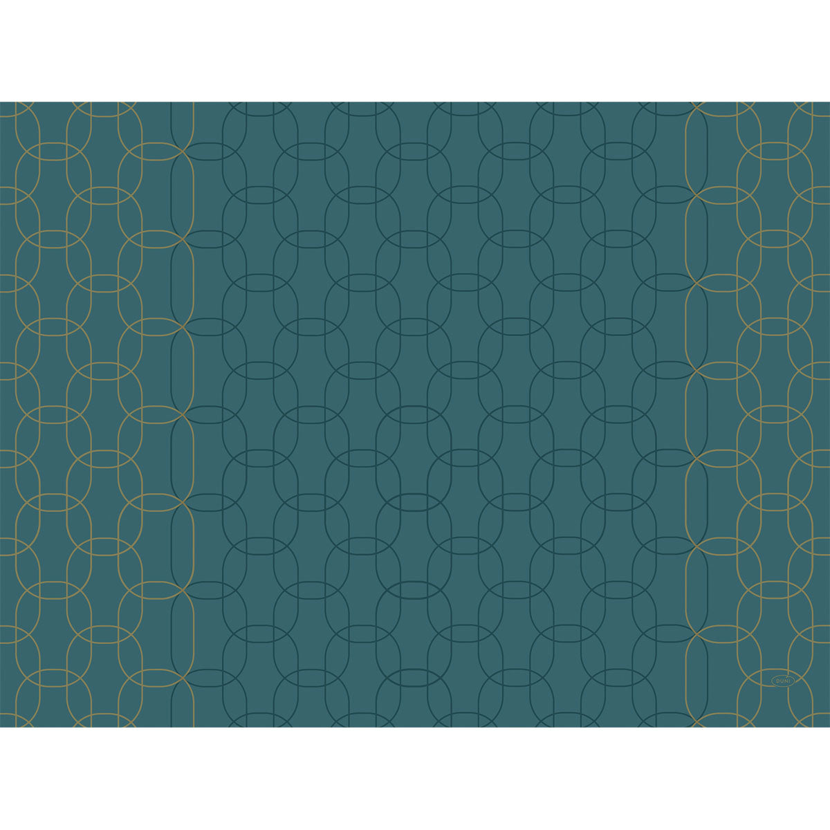Ein tealfarbener Hintergrund mit einem dichten, symmetrischen Golden-Deco-Muster aus goldenen und dunkelgrünen Kreisen säumt die Ränder dieser Papier-Tischsets 30x40cm von Duni GmbH. Packung mit 250 Stück - ideal für stilvoll gedeckte Tische.
