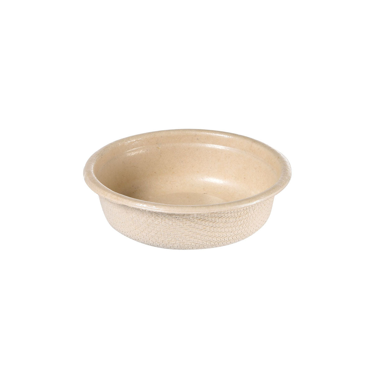 Weißer, runder, flacher Dressingbecher 30 ml der Duni GmbH aus Bagasse mit PBAT/PLA-Beschichtung (65x65x18 mm, Packung mit 150 Stück), mit strukturierter Außenseite und glatter Innenseite, auf weißem Grund.