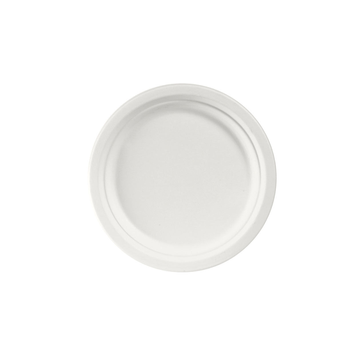 Ein schlichter, runder, weißer Teller ø 22 cm der Duni GmbH ist von oben nach unten vor weißem Hintergrund abgebildet. Der unbeschichtete Weiß Bagasse Teller (Packung 50 Stück) hat ein glattes, schlichtes Design und ist biologisch abbaubar.