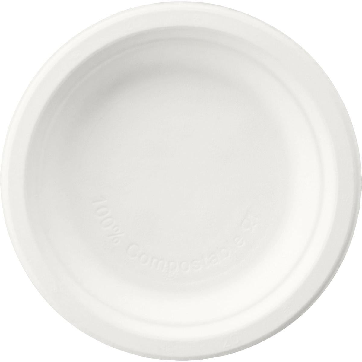 Ein runder, weißer Duni GmbH Teller ø 15 cm aus Bagasse (unbeschichtet) wird von oben auf weißem Hintergrund gezeigt. Der Einwegteller ist biologisch abbaubar, hat gewölbte Ränder und "100% kompostierbar" ist innen eingeprägt. Packung: 125 Stück.