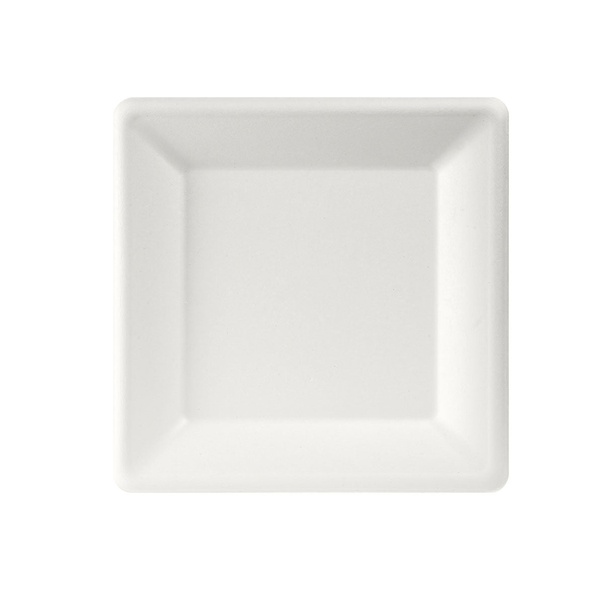Eine 26x26 cm große weiße, quadratische, unbeschichtete Bagasse-Platte der Duni GmbH ist von oben nach unten auf weißem Hintergrund abgebildet - umweltfreundlich und biologisch abbaubar. Packung mit 50 Stück.
