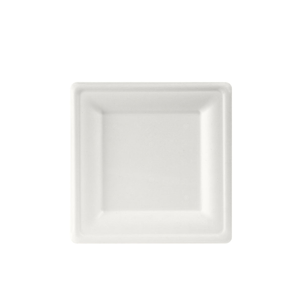 Der Duni GmbH Teller, quadratisch 20x20 cm Weiss aus unbeschichteter Bagasse wird auf weissem Hintergrund gezeigt. Das biologisch abbaubare Design macht ihn zu einer umweltfreundlichen Wahl. Die Packung enthält 50 Stück.