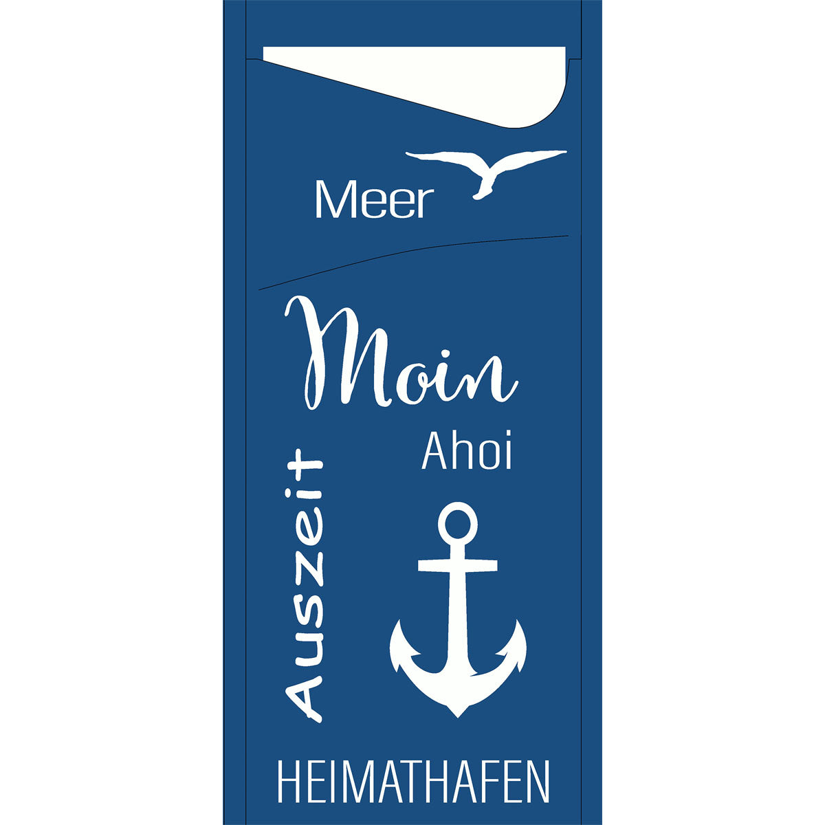 Die Meer Freude 57110 Packung (100 Stück) von Duni GmbH zeigt einen blauen Hintergrund mit weißem Schriftzug, Möwe und Anker - perfekt für kreative Projekte zum Thema Strandurlaub.