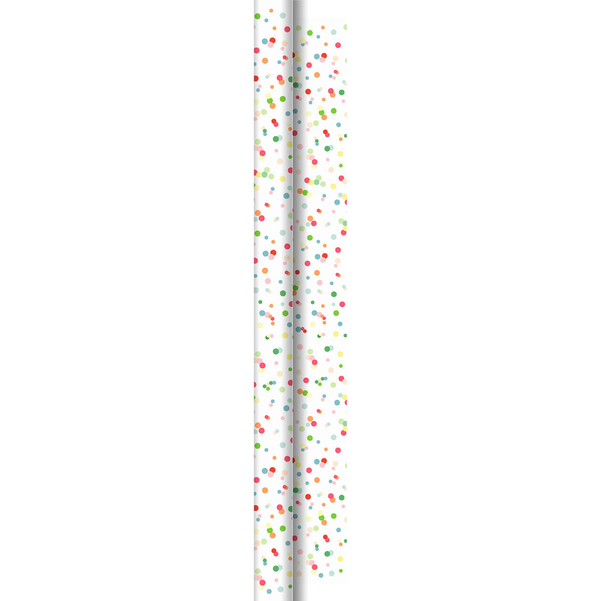 Zwei weiße Papierstrohhalme, gemustert mit kleinen roten, grünen, gelben und orangefarbenen Punkten wie die fröhlichen Happy Bubbles 60334 der Duni GmbH, sind auf weißem Hintergrund abgebildet.