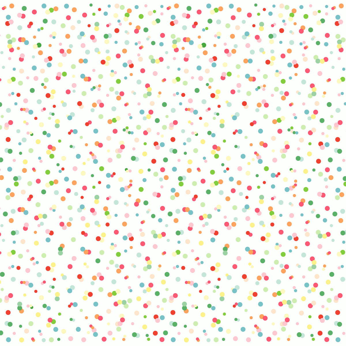 Ein weißer Hintergrund mit gleichmäßig verteilten bunten Punkten (rot, rosa, grün, gelb, blau), die an Seifenblasen aus Happy Bubbles 64091 | Packung (20 Stück) von Duni GmbH erinnern.