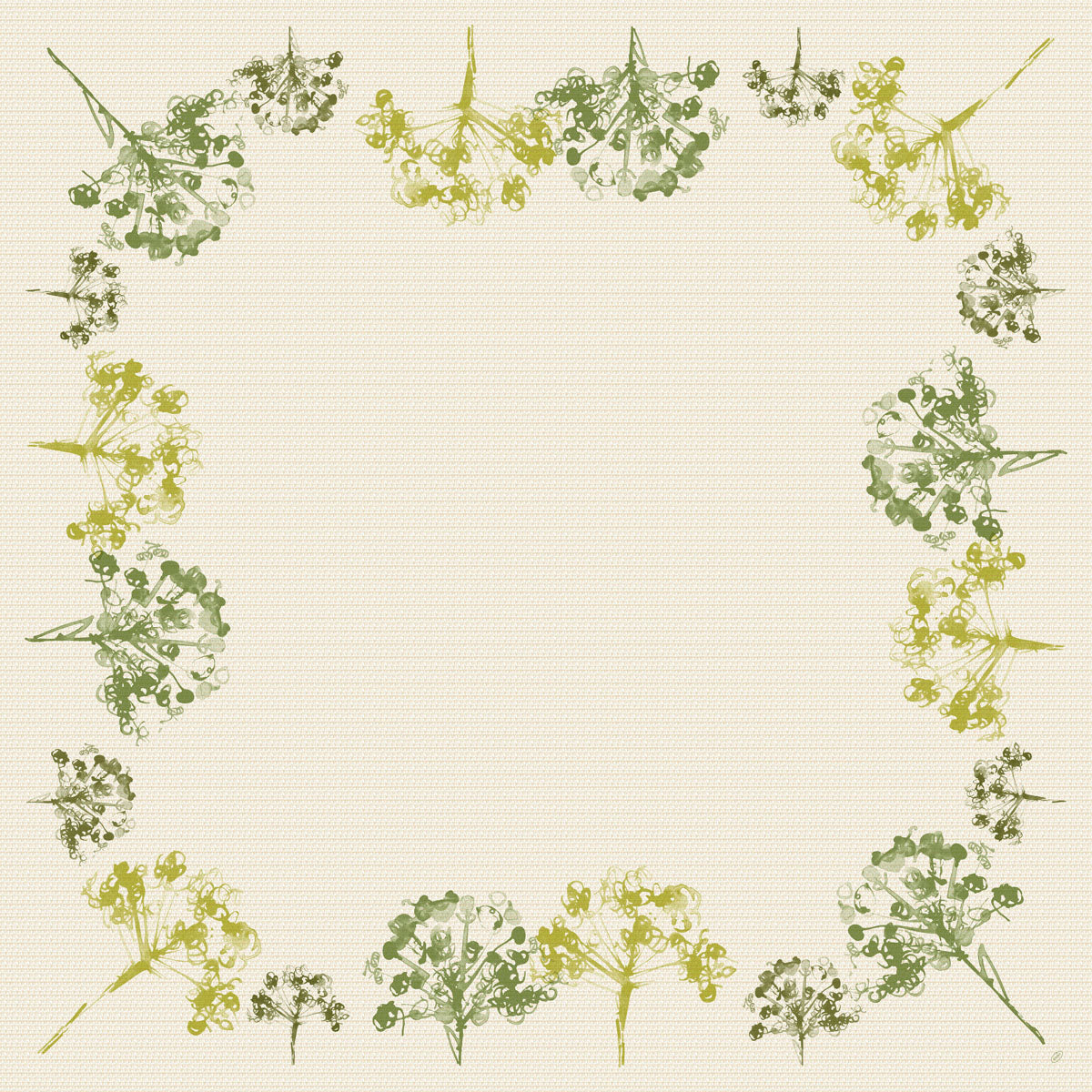 Quadratischer Rahmen mit beigefarbenem, strukturiertem Hintergrund, verziert mit Green Umbles 60111 botanicals in grün und gelb von Duni GmbH (Packung 20 Stück) entlang der Kanten - ein perfekter Akzent für umweltfreundliche Produkte oder nachhaltige Lösungen.