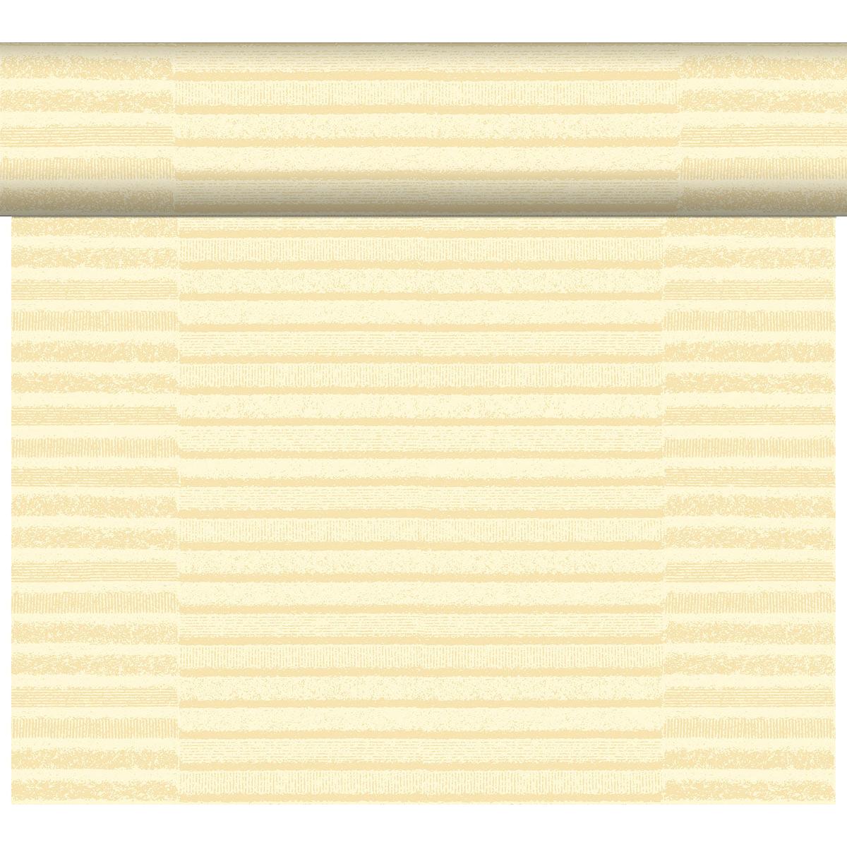 Die Tapete Tessuto creme 61079 der Duni GmbH zeichnet sich durch horizontale, strukturierte Streifen in Beige- und Off-White-Tönen aus, die ein subtiles, sich wiederholendes Muster bilden. Erhältlich als einzelne Rolle (1 Stück) pro Packung.