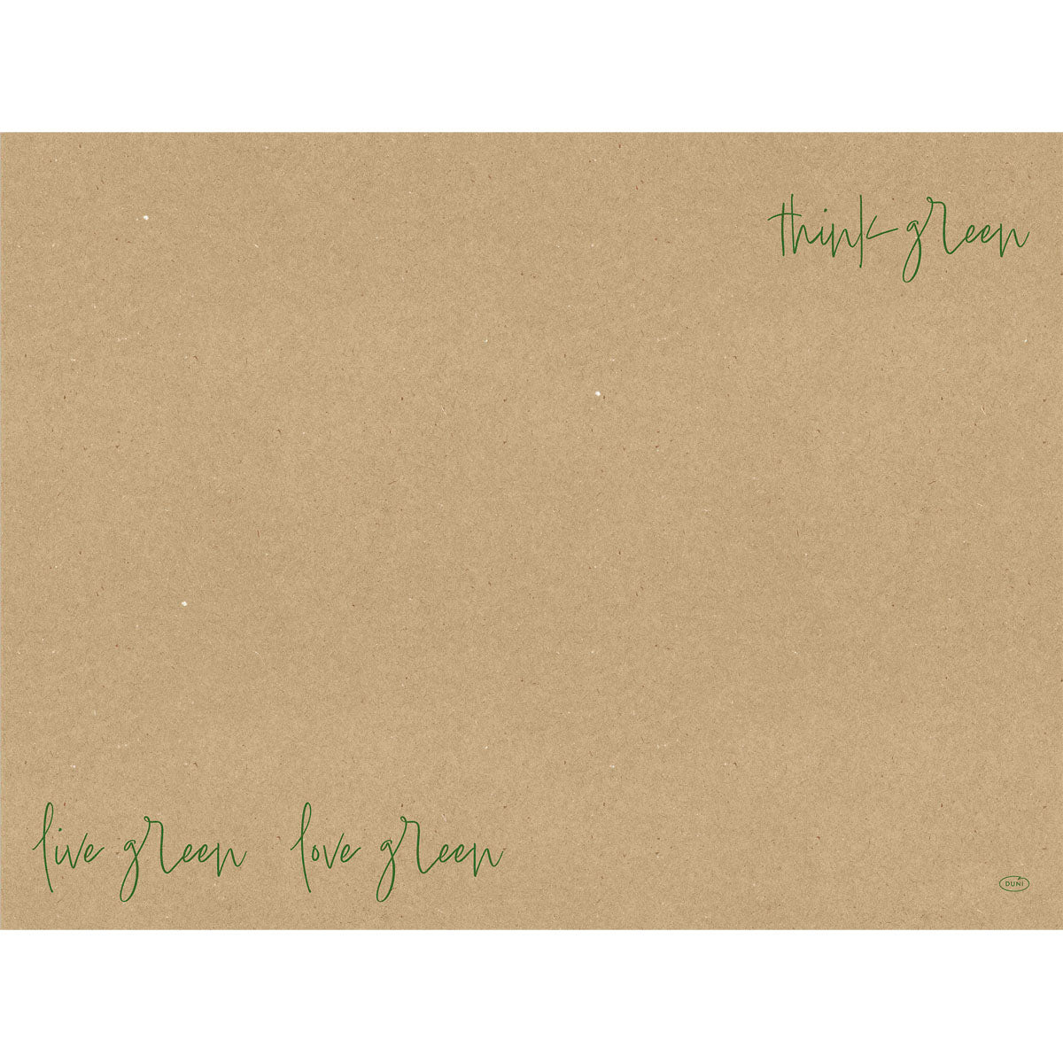 Ein brauner Recyclingpapier-Hintergrund aus der Love Green 57084 Packung (250 Stück) der Duni GmbH ist mit grünem kursivem Text versehen: "think green" oben rechts und "live green love green" unten links.