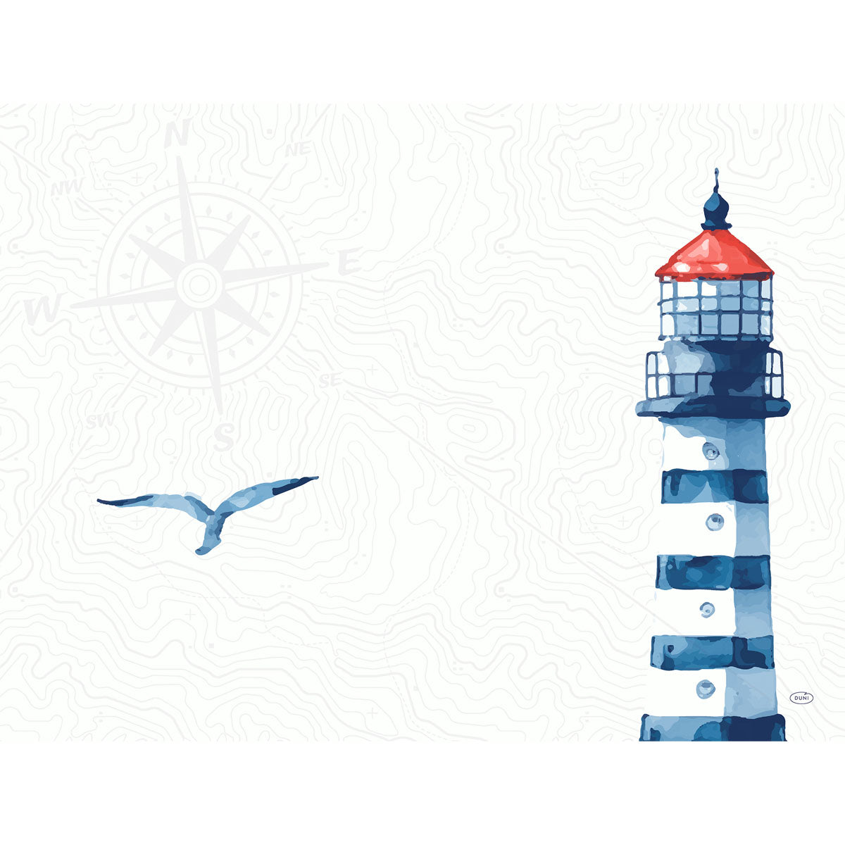 Ein Aquarell eines blau-weiß gestreiften Leuchtturms mit roter Spitze, inspiriert von der Duni GmbH's Meer Freude 57084 | Packung (250 Stück). Eine Möwe fliegt in der Nähe, mit einer schwachen Windrose und topografischen Linien im Hintergrund.