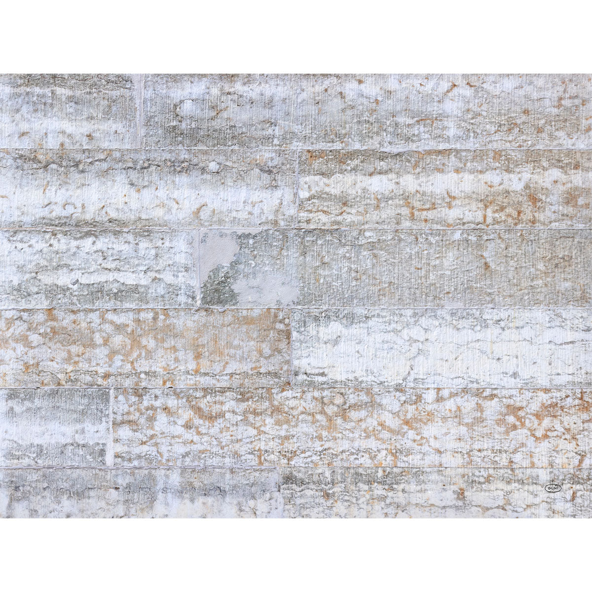 Eine Nahaufnahme der Stone 57084 Ziegel der Duni GmbH (Packung mit 250 Stück) zeigt ihre verwitterte, weiß gekalkte Textur - eine ideale Inspiration für Bastelprojekte oder Garten- und Landschaftsgestaltung. Die rechteckigen Ziegel sind waagerecht angeordnet.