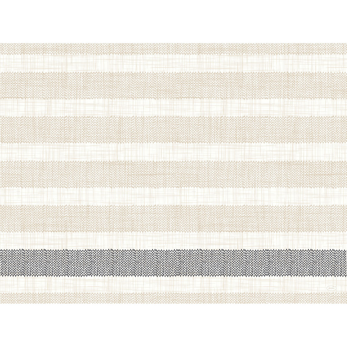 Das Design besteht aus abwechselnd hellbeigen und cremefarbenen horizontalen Streifen mit einer strukturierten Optik, die durch einen dickeren schwarzen Streifen Rigato 60121 im unteren Bereich hervorgehoben wird. Produkt: Rigato schwarz 60121 | Packung (100 Stück) von Duni GmbH.