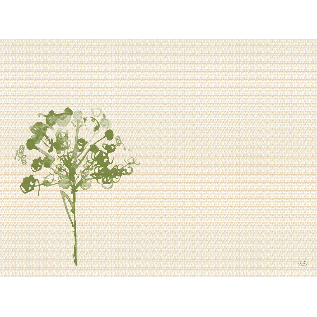 Eine schlichte grüne Blume, inspiriert von den Green Umbles 60121 | Packung (100 Stück) der Duni GmbH, erscheint links auf einem beige gemusterten Hintergrund - ideal für Bürobedarf oder Bastelarbeiten. Der Rest des Hintergrunds bleibt leer.