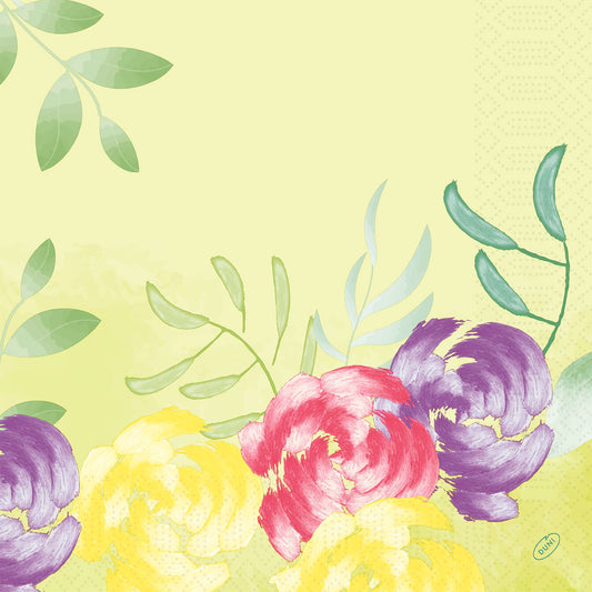 Die Servietten der Duni GmbH Serv.40x40 3lg 1/4 Soft Tropics 250P. haben einen pastellgelben Grundton mit grünen Blättern und rosa, gelben und violetten Blütentrauben in der unteren rechten Ecke, sowie eine weiche Struktur mit einem dezent gepunkteten tropischen Design.