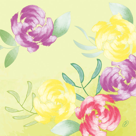 Inspiriert von Soft Tropics zeigen die Servietten (50 Stück) der Duni GmbH Serv.40x40 4lg Klassik abstrakte lila, gelbe und rosa Blumen mit grünen Blättern auf hellgelbem Grund - ideal, um jedem gedeckten Tisch Charme zu verleihen.